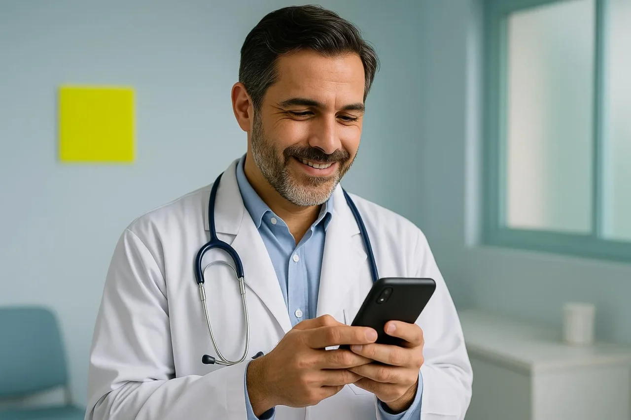 Médico usando celular para emitir NFS-e no WhatsApp.